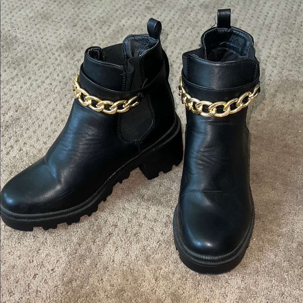 Black Ankle Boots with Gold Chain